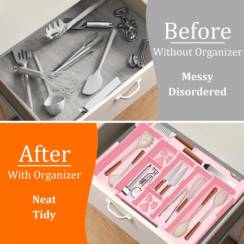 Spaclear Large Utensil Drawer Organizer Expandable Silverware Organizer for Kitchen Drawer Adjustable Cooking Utensil Holder Cutlery Flatware Tray Spatula Tools Gadgets Storage Dividers Plastic Pink - Image 3